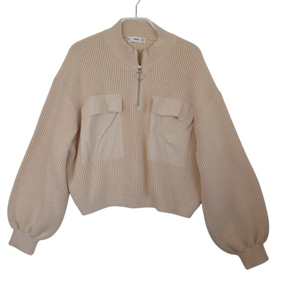 Mango Sweater Cream Cropped Chunky Knit Pullover Pocket & Zip Detail Womens Med - Picture 1 of 7